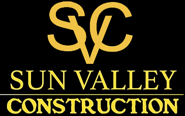 Logo for Sun Valley Construction. The letters "SVC" are stylized in gold above the company name, with "SUN VALLEY" in uppercase gold text and "CONSTRUCTION" in bold uppercase gold letters below. Black background.