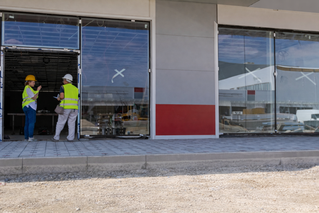 Two construction workers in safety vests and helmets stand in a partially constructed building, talking near a large open glass entrance with construction materials inside.